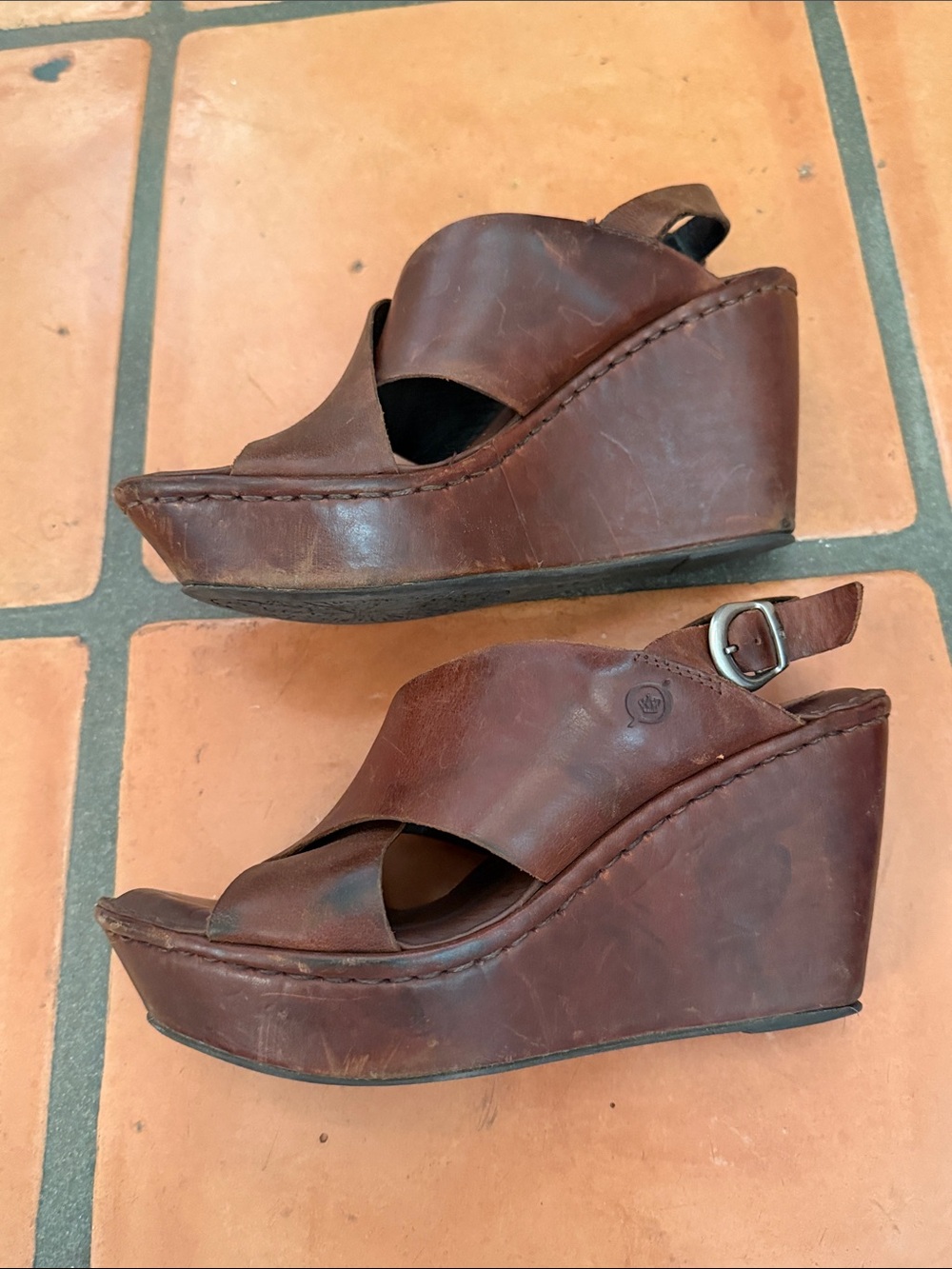 Born Brown Leather Wedge Sandals with Slingback Strap